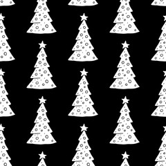 Cute cartoon christmas tree background with hand drawn firs. Sweet vector black and white christmas tree background. Seamless monochrome doodle christmas tree background for various projects.