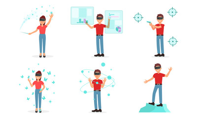 Man And Woman Characters Playing Virtual Game Wearing Gaming Glasses Vector Illustrations
