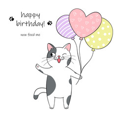 Cute cartoon cat holding balloons. Hand drawn illustration for birthday greeting card