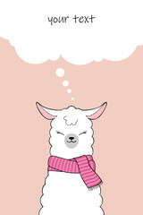 Cute cartoon llama wearing knitted scarf. Greeting card or invitation template with place for text. Hand drawn illustration