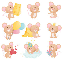 Set of cartoon mice in different situations. Vector illustration.