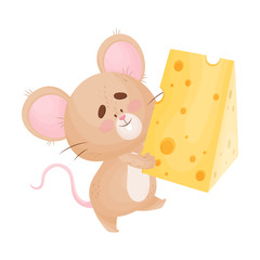 Cartoon mouse with a piece of cheese. Vector illustration.