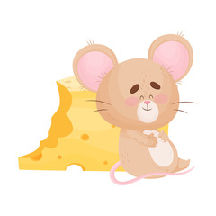 Cartoon mouse is sitting near a piece of cheese. Vector illustration.