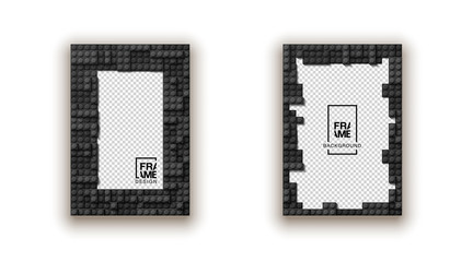 illustration template empty frame set for photo of realistic 3d plastic details in black color. Pattern of shiny plastic construction blocks of different sizes with shadow isolated on white background