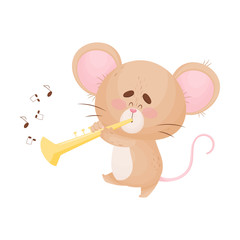 Cartoon mouse playing the pipe. Vector illustration.