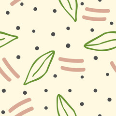 Abstract seamless pattern with leaves, short lines and round spots drawn by hand. Modern print. Vector illustration.