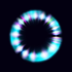 Magic circle light effects. Illustration isolated on dark background. Mystical portal. Bright sphere lens. Rotating lines. Glow ring. Magic neon ball. Vector.