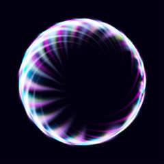 Magic circle light effects. Illustration isolated on dark background. Mystical portal. Bright sphere lens. Rotating lines. Glow ring. Magic neon ball. Vector.