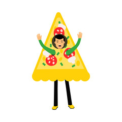 Young Dark-haired Boy Character Standing Wearing Pizza Slice Costume And Waving Hands Vector Illustration