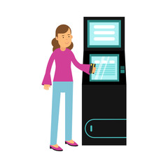 Young Girl Standing Near ATM Holding Debit Card Vector Illustration