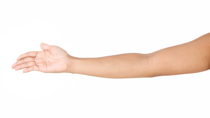 Female asian hand gestures isolated over the white background.