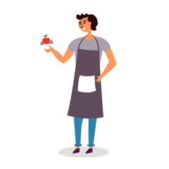Guy cook in an apron tosses an Apple. Preparation for the preparation of fruit dessert. Snack. Vector