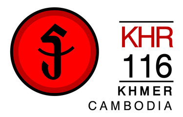 KHR, 116, Khmer, Cambodia Banking Currency icon typography logo banner set isolated on background. Abstract concept graphic element. Collection of currency symbols ISO 4217 signs used in country