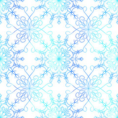 Watercolor tender winter seamless pattern with graphic snowflakes in blue and white colors. Natural texture. Can be used as Christmas design for postcards, wrapping, invitations, prints, and banners