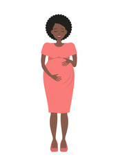 Pregnant woman in a pink dress, isolated on a white background. Cute black woman holds her hands on her stomach. Vector illustration