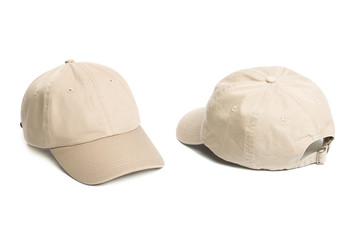 beige Baseball cap isolated on white background. Front and back view.