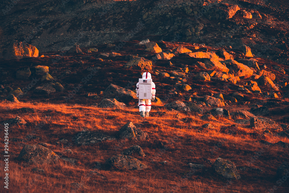 Sticker astronaut exploring a new planet. searching for a new home for humanity. concept about science and n