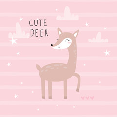 Cute hand drawn with funny deer vector illustration