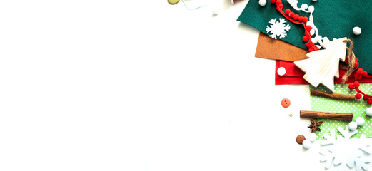 Merry Christmas and New Year. Gift wrapping workspace. Decoration presents making flat lay top view Xmas celebration preparation DIY concept decor on white background. Template long wide banner.