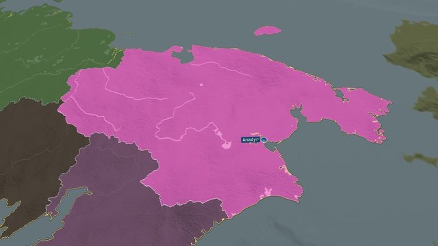 Chukot - autonomous province of Russia (territory after annexation of Crimea in 2014) with its capital zoomed on the administrative map of the globe. Animation 3D