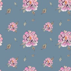 Watercolor hand paint pink peonies and leaves, seamless pattern. Flowers and leaves for design. Seamless floral pattern on a dark background