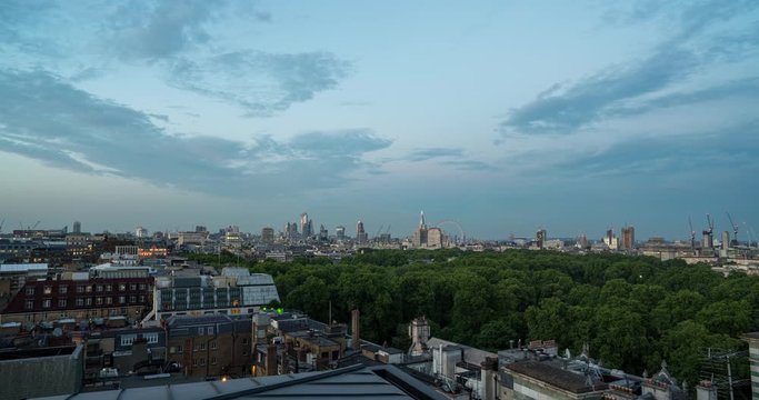 London city skyline day to night time lapse sunset view from Park Lane
