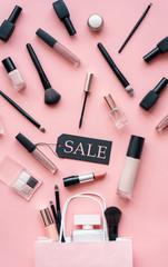 Cosmetic and perfume female products accessories promotion offer with sale tag beauty makeup...