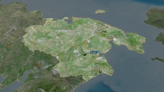Chukot - autonomous province of Russia (territory after annexation of Crimea in 2014) with its capital zoomed on the satellite map of the globe. Animation 3D