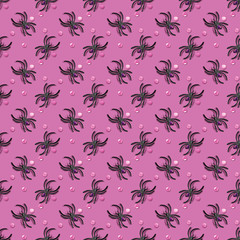 Halloween decorations - seamless pattern with black plastic spiders and pink metallic confetti on glowing pink background