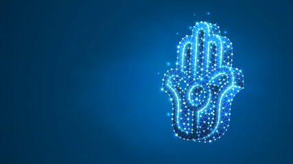 Jainism, Jain Dharma religion sign. Symbol of Ahimsa, aparigraha and asceticism. ancient Indian religion. Abstract, digital, wireframe, low poly mesh, vector blue neon 3d illustration. Line, dot