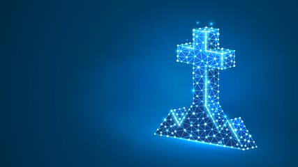 Christian cross on a hill. The crucifixion of Jesus, the Christian religion concept. Abstract, digital, wireframe, low poly mesh, Raster blue neon 3d illustration. Triangle, line, dot