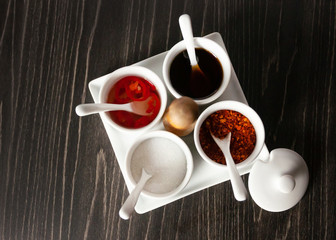 Garnish set for noodle Thai Food, chilly sugar fish sauce on the table  in restaurant