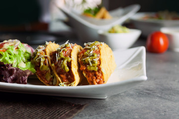 Mexican food Taco, meat  delicious , Ground Beef Tacos Shells with salad.