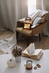 Autumn still life. Rustic style home decor. Still life details of living room. Autumn weekend concept. Fall home decoration.