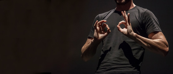Fototapeta na wymiar Sign language man interpreter gestures over stage during public event