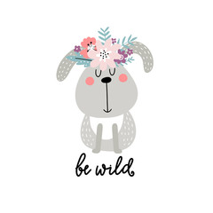 Illustration with cute bunny and flowers