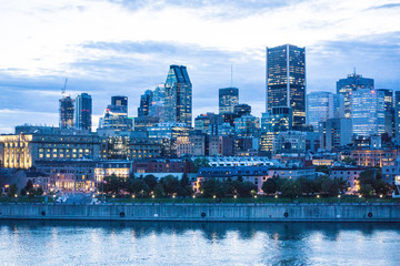 Montreal skyline and harbor at dusk