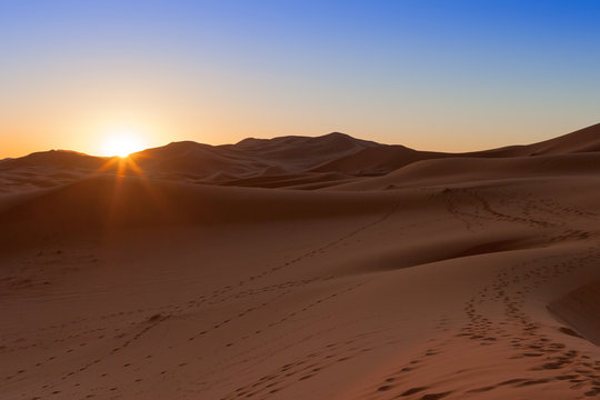 Erg Chebbi, Morocco, sand dunes of Sahara desert formed by wind are awakening in the first rays of the day, illuminated by the sun. © djr-photography