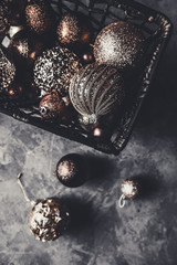 Christmas or New Year background:Christmas toys in vintage style on a gray background. New Year's