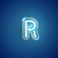 Realistic neon R character with plastic case around, vector illustration