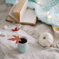 Autumn still life. A cup, dried leaves, book and pumpkin. Hygge lifestyle, cozy autumn mood. Flat lay, thanksgiving background