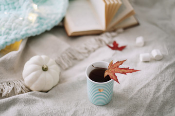 Autumn still life. A cup, dried leaves, book and pumpkin. Hygge lifestyle, cozy autumn mood. Flat lay, thanksgiving background