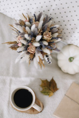 Autumnal decoration and composition. Autumn, fall, halloween, thanksgiving day concept.