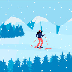 Girl is skiing down. Mountains  and tree landscape. Winter vector illustration. 