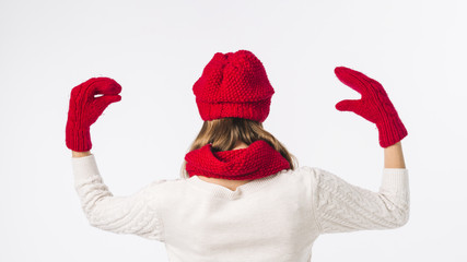 Woman in red cap with glove puppets