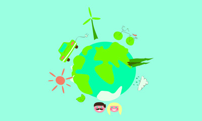 bright logo on the theme of ecology and protection of the planet.  earth on a blue background surrounded by symbols of healthy existence. use as a logo or print on clothes and bags. vertical vector
