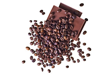 Lot of pieces of broken bar dark bitter or milky chocolate sprinkled of fried coffee beans isolated on white background without shadows. Top view