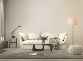 Classic design interior with beige sofa and white ottoman stool