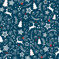 Cotton fabric Beautiful christmas doodles seamless pattern - hand drawn and detailed, great for christmas textiles, banners, wrappers, wallpapers - vector surface design
