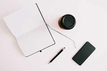 Workspace background. White office desk frame. Copy space, top view, flat lay, mockup